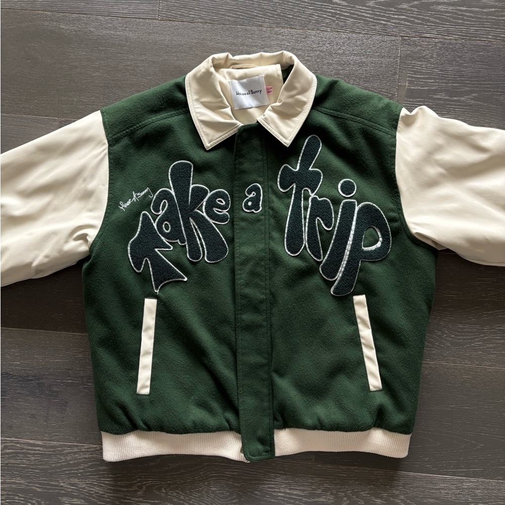 house of sunny take a trip green varsity jacket